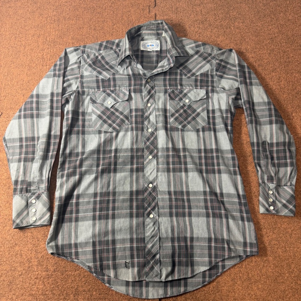 Vintage ATB Authentic Western‎ Wear Grey Plaid Pearl Snap Shirt Mens 15.5 32/33